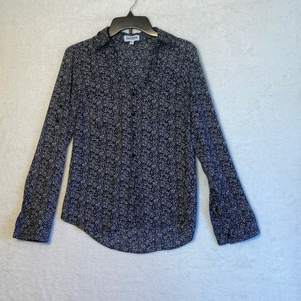 Express Portofino Shirt XS Black White Dotted Long Sleeve Button Up Top